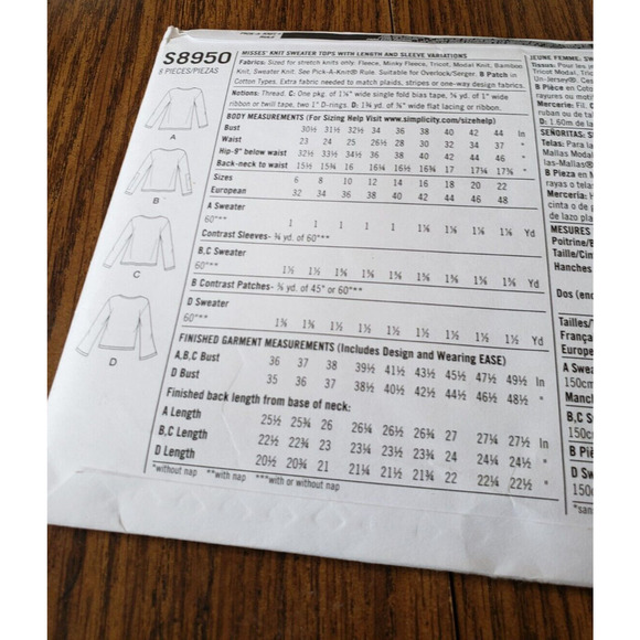 Simplicity Pattern S8950 Ms V-Neck Knit Sweater Tops w/Length~Sleeve Size 6-14 - Picture 3 of 6